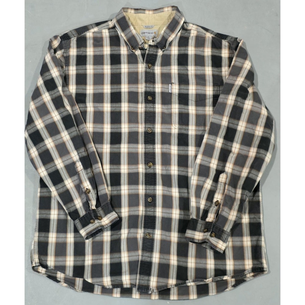 Carhartt Plaid Button Down Shirt Mens XL Grey Black Relaxed Fit Long Sleeve